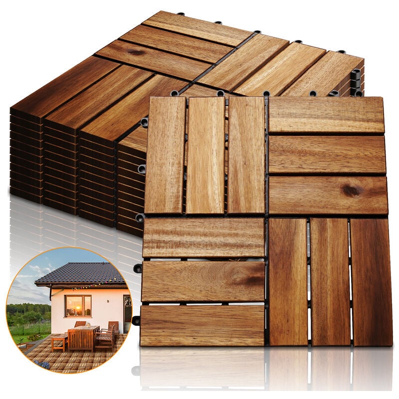 Swanew - 55x Dalles de terrasse en bois d'acacia pour 5m² 30 x 30 cm Jardin extérieur système d'emboîtement et de Drainage - Braun