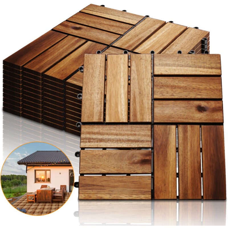 Swanew - 11x Dalles de terrasse en bois d'acacia pour 1m² 30 x 30 cm Jardin extérieur système d'emboîtement et de Drainage