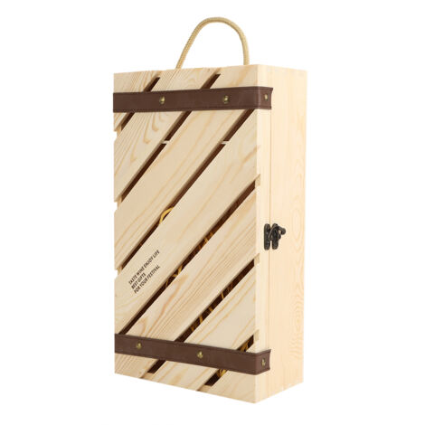 Holzgeschenkbox für 2 Weinflaschen mit Seilgriff und schrägem Ständer