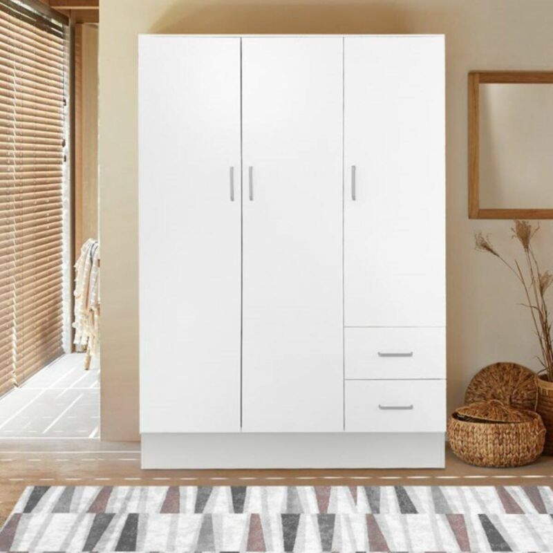Kleiderschrank mit drei Türen und zwei Schubladen mit Einlegeböden und Kleiderstange, Farbe weiß, 120 x 50 x 170 cm