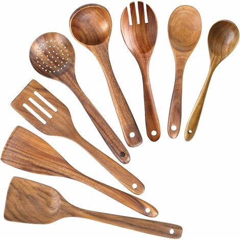 Holzlöffel zum Kochen, antihaftbeschichtetes Küchenutensilien-Set, Holzlöffel, Kochutensilien-Set, kratzfest, natürliches Teakholz, Holzutensilien zum Kochen (Teak, 8 Stück)