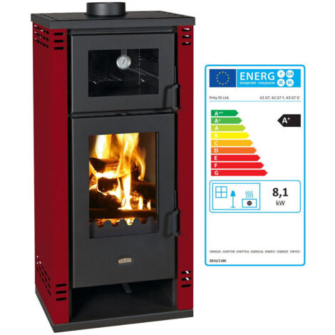 Holzofen mit Backfach Prity K2 GT F – 8,1 kW, Elegantes Design, Bordeaux, Energieklasse A+