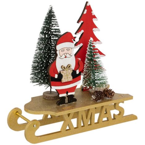 Holzschlitten Xmas goldfarben mit Weihnachtsmann und Tannenbaum 18cm - Feeric lights & christmas