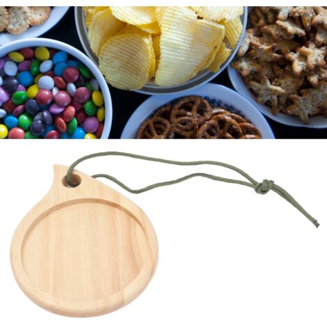 Holzschneidebrett fürs Camping  Rundes Mehrzwecktablett für Vorspeisen, Obst und Snacks  Mit wasserdichter Tasche und Kordel  Gummibaumholz  Maße: 18 x 14 cm