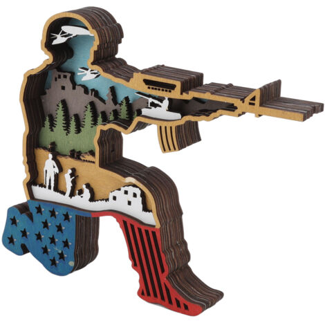 Holzstatue eines amerikanischen Soldaten, 3D-Tischdekoration mit heller Beleuchtung zum US-Unabhängigkeitstag, mehrschichtige Buchsbaumskulptur