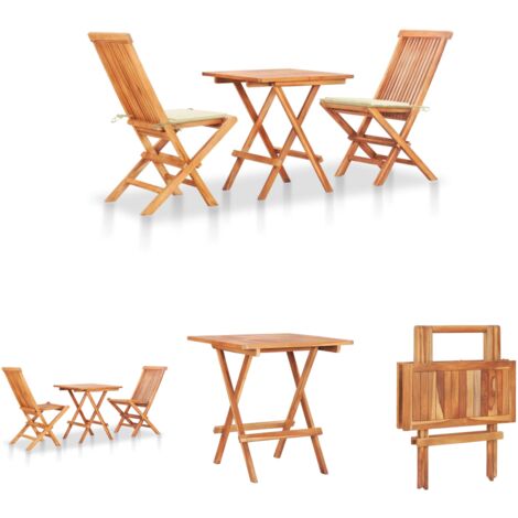Holzstühle - vidaXL 3-tlg. Bistroset mit Cremeweißen Kissen Massivholz Teak - Holztisch