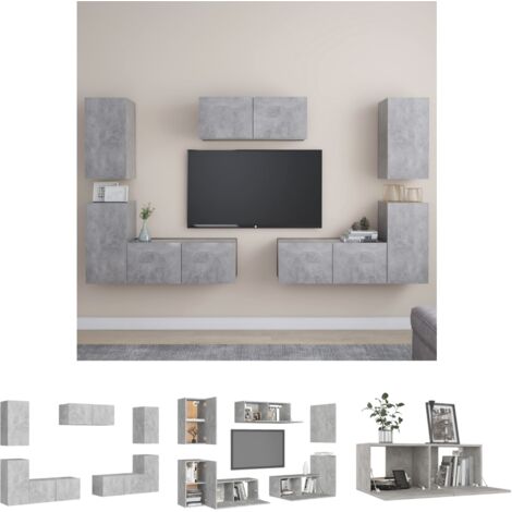 Holzwerkstoff - vidaXL 7-tlg. TV-Schrank-Set Betongrau Holzwerkstoff - Wandhalterung