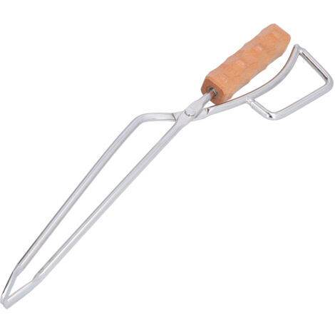 Holzzange aus Edelstahl mit Buchenholzgriff, hitzebeständig, ideal für Camping und Picknicks.