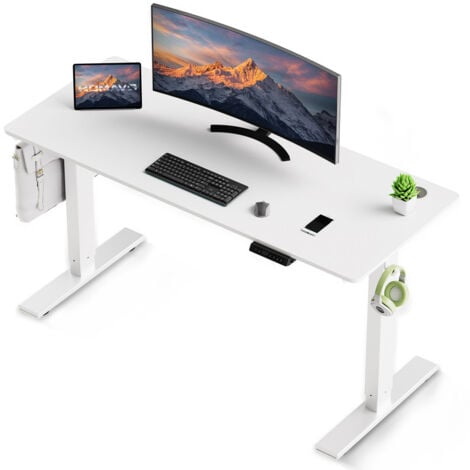 HOMAVO Bureau Assis debout 60 x 110 cm, Fonction mémoire et anti-collision, Bureau Réglable en Hauteur 70-117cm (Blanc)