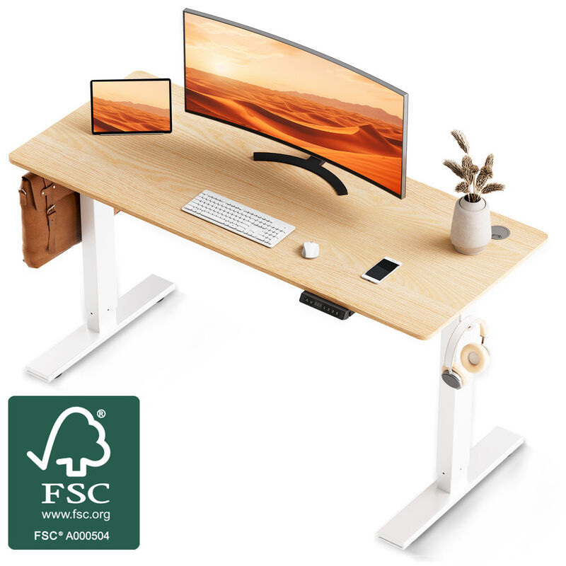 Bureau Assis debout 60 x 110 cm, Fonction mémoire et anti-collision, Bureau Réglable en Hauteur 70-117cm (Couleur bois naturel) - Homavo