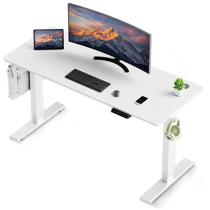 Homavo - Bureau Assis debout 60 x 110 cm, Fonction mémoire et anti-collision, Bureau Réglable en Hauteur 70-117cm (Blanc)