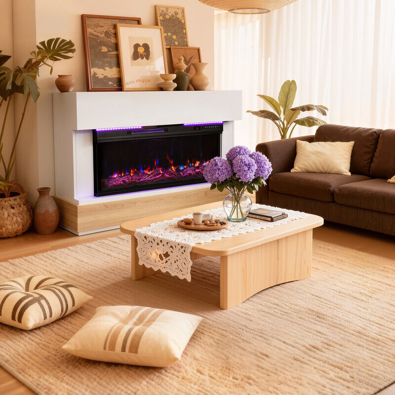 HOMAVO 36'' Cheminée Électrique, 1000/2000W, Flamme 3D, Bandeau LED, Télécommande, Minuterie, Sécutité Surchauffe, Meuble incluse