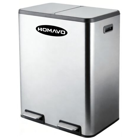 HOMAVO Poubelle de tri sélectif 60L (2×30L) en acier inoxydable – Double compartiment, à pédale, fermeture douce, couleur argent