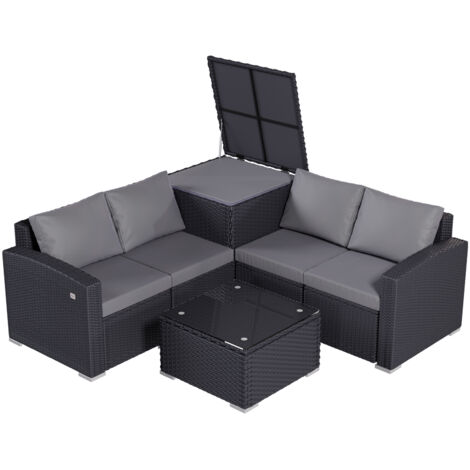 HOMAVO Salon de Jardin comprenant : canapé, table basse, coffre de rangement et housse de protection, conçu pour jardin, balcon et terrasse.