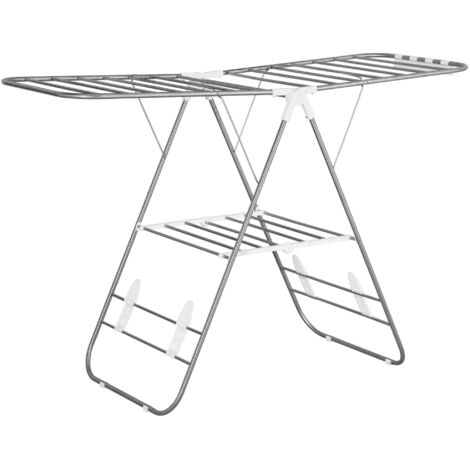 HOMCAD Séchoir à linge pliable, 1,48 m de long, étendoir à linge portable avec tiges télescopiques, séchoir à ailes pour intérieur et extérieur, argent+blanc