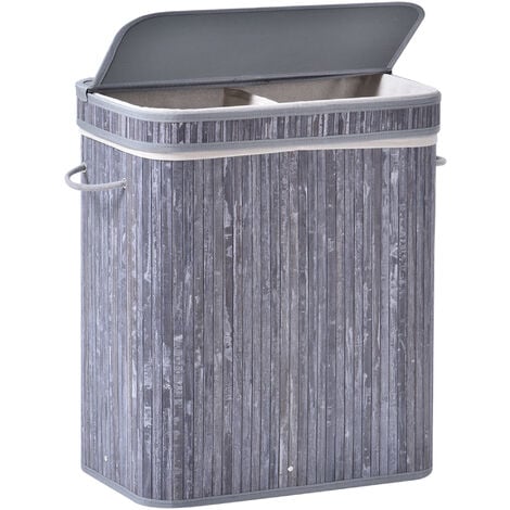 AUTRES HOMCOM 100L Wood Laundry Basket w/ Split Compartment Lid Removable Lining Grey