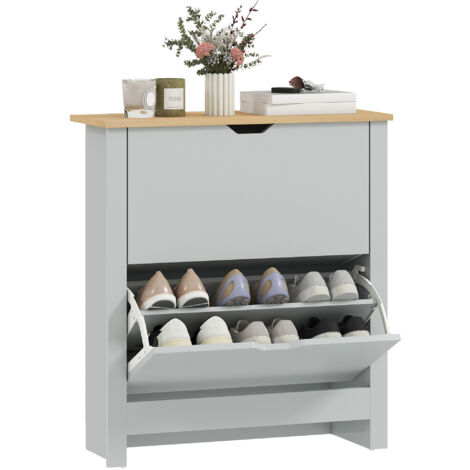 HOMCOM 12-Shoe Storage Cabinet 4 Shelves 2 Drawers Tabletop Light Grey