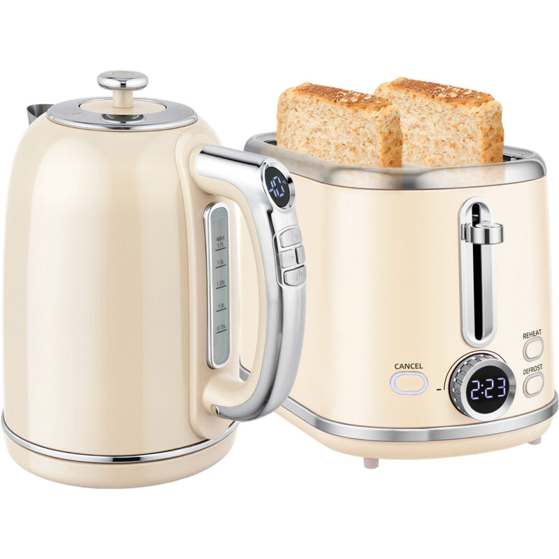 HOMCOM 1.7L 3000W Kettle and 2 Slice Toaster with Keep Warm Memory Function, Cream