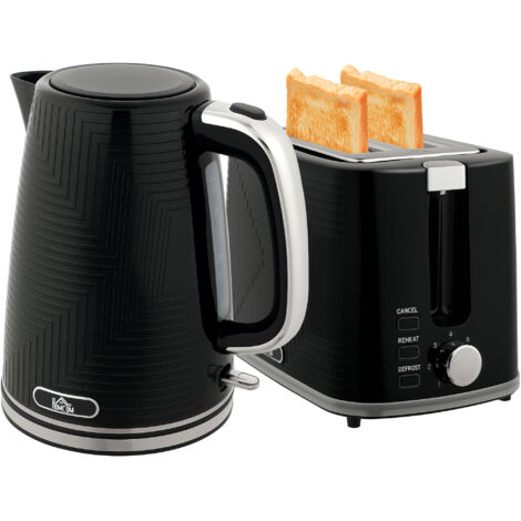 HOMCOM 1.7L 3000W Rapid Boil Kettle and 2 Slice Toaster Set Crumb Tray Black