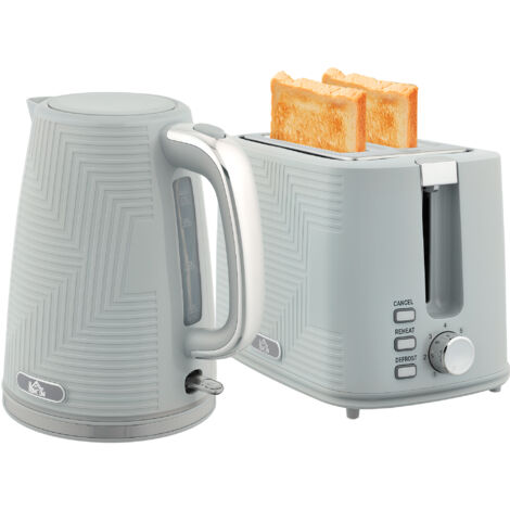 HOMCOM 1.7L 3000W Rapid Boil Kettle and 2 Slice Toaster Set Crumb Tray Grey