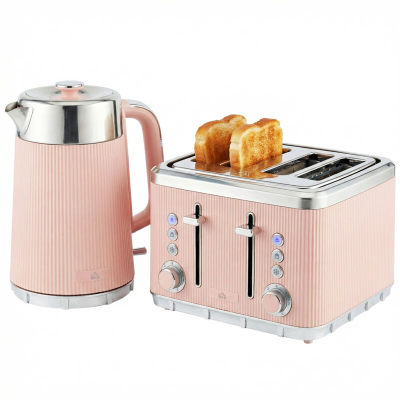HOMCOM 1.7L 3000W Rapid Boil Kettle and 4 Slice Toaster Set Crumb Tray Pink
