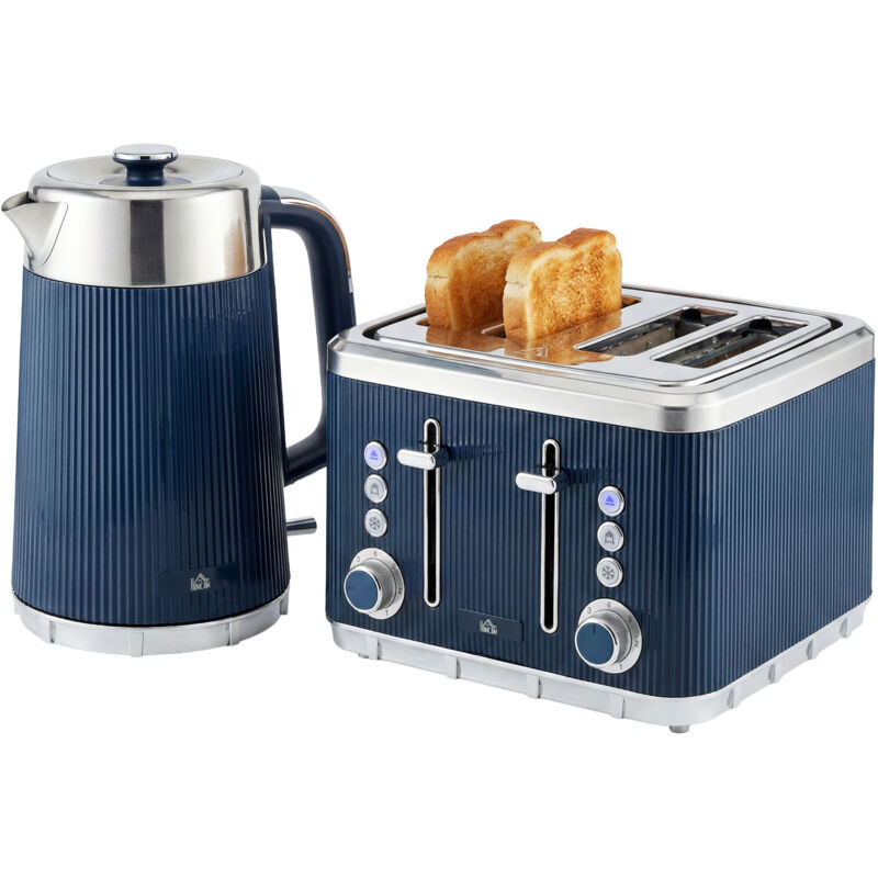 HOMCOM 1.7L 3000W Rapid Boil Kettle and 4 Slice Toaster Set Dark Blue