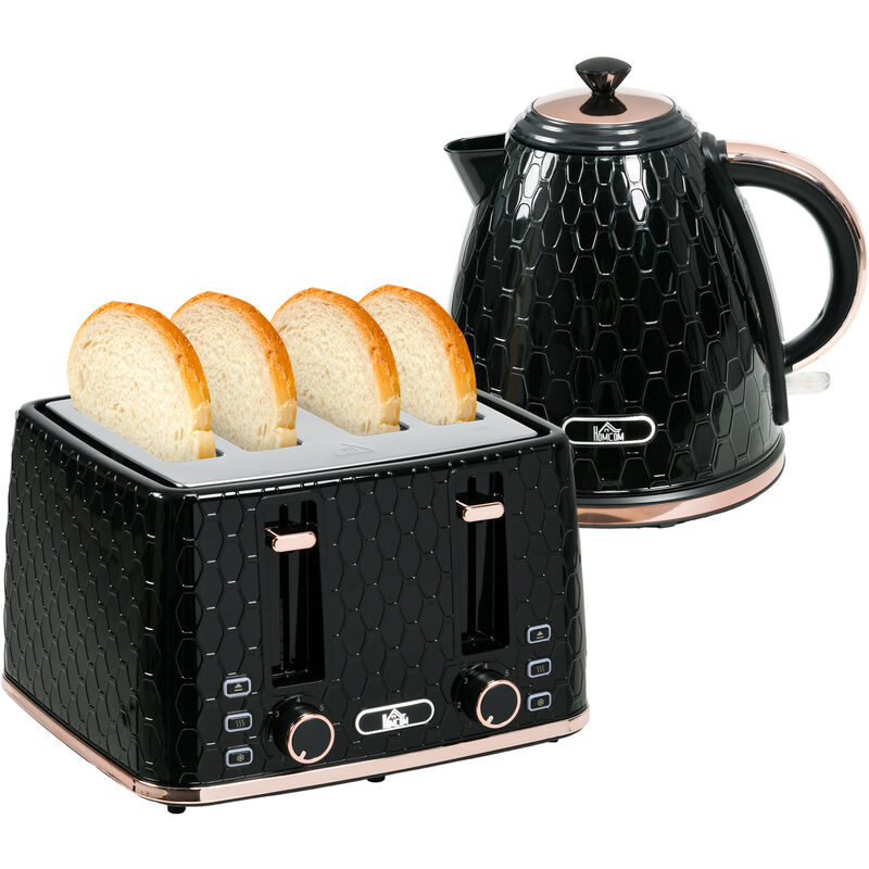 1.7L Kettle and Toaster Set with Defrost, Reheat and Crumb Tray Black - Homcom