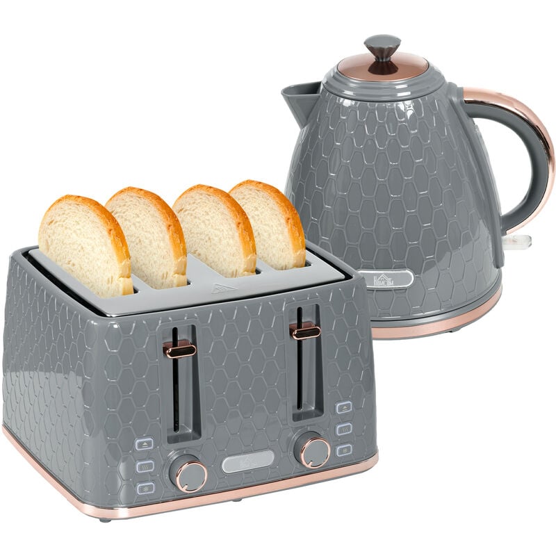 Homcom - 1.7L Kettle and Toaster Set with Defrost, Reheat and Crumb Tray Grey