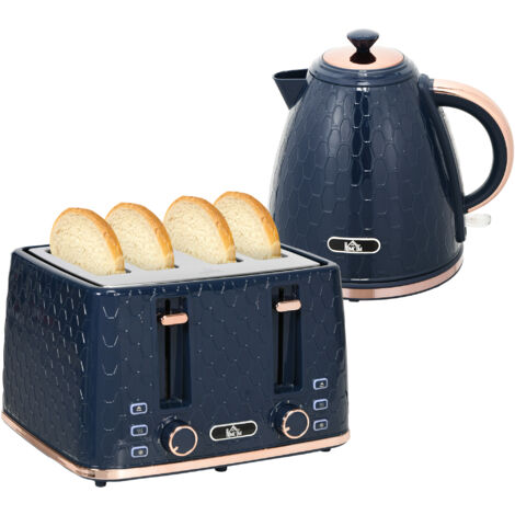 HOMCOM 1.7L Kettle and Toaster Set with Defrost, Reheat and Crumb Tray Blue