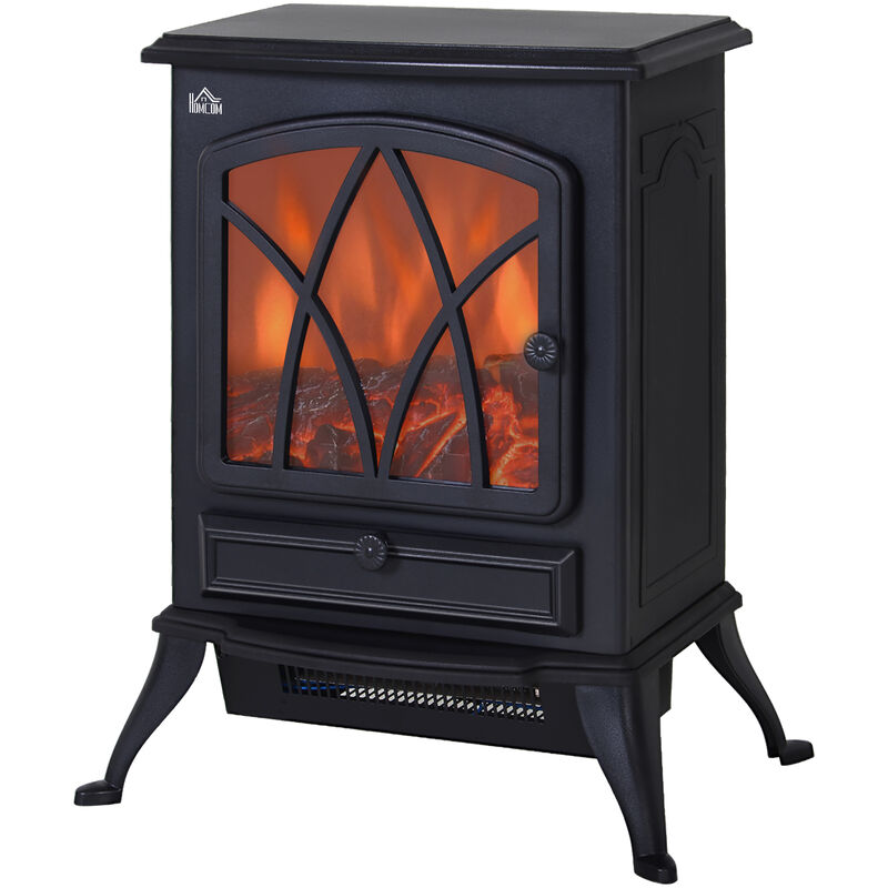 Homcom - Free Standing Fireplace Flame Effect Electric Heater Log Burning Black