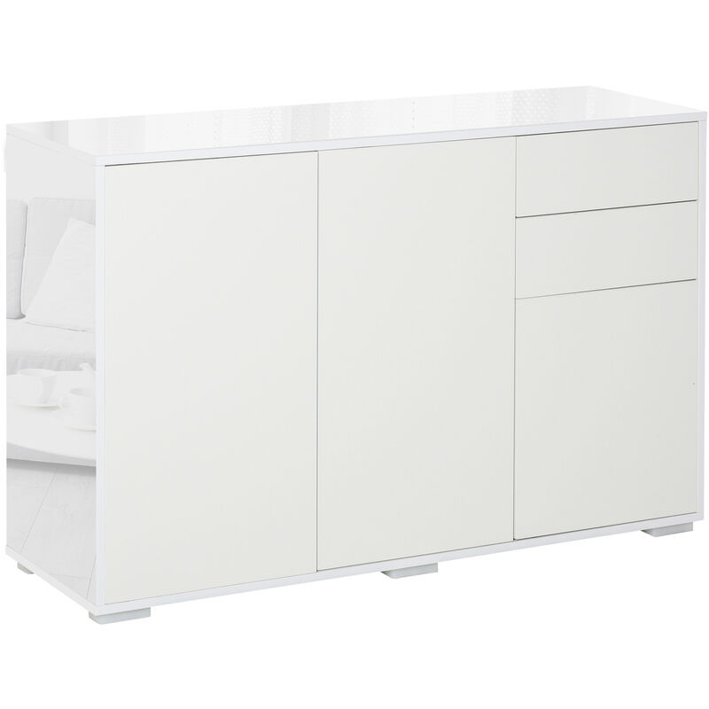 High Gloss Sideboard, Side Cabinet, Push-Open Design with 2 Drawer for Living Room, Bedroom, White - Homcom