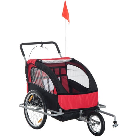 HOMCOM 2 in 1 Collapsible 2-Seater Kids Stroller and Bike Trailer - Black & Red