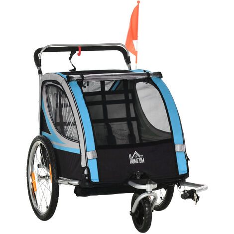 HOMCOM 2 in 1 Kinderanhänger klappbar Fahrradanhänger mit abnehmbarem Vorderrad, Hinterradbremsen, Kinderfahrradanhänger für 2 Kinder ab 18 Monate, bis 26,4 kg belastbar, Blau