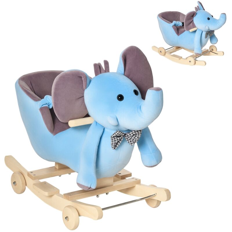 Homcom - 2 In 1 Plush Baby Ride on Rocking Horse Elephant Rocker with Wheels Blue