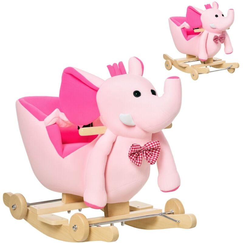 Homcom - 2 In 1 Plush Baby Ride on Rocking Horse Elephant Rocker with Wheels Pink