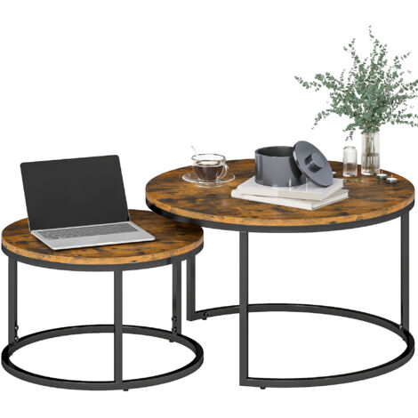 HOMCOM 2 Pcs Stacking Coffee Table Set Steel Frame Marble-Effect Top Foot Pads Rustic Brown