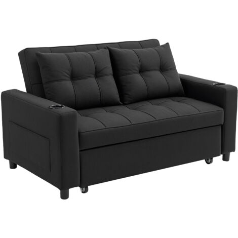 HOMCOM 2 Seater Pull Out Sofa Bed with Pockets for Living Room Black