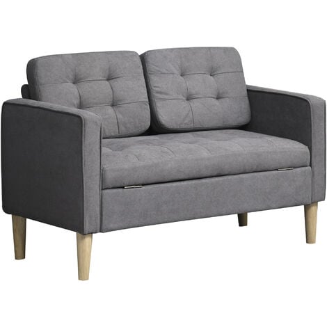 HOMCOM 2 Seater Storage Sofa Compact Cotton Loveseat Wood Legs Back Buttons Grey