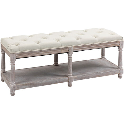 HOMCOM 2-Tier Bed End Bench, Vintage Stool Button Tufted Window Seat Cream White