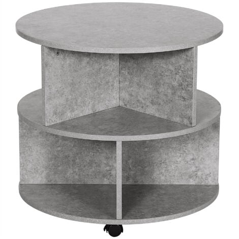HOMCOM 2 Tier Round Side End Table Coffee Desk with Divided Shelves Tea Table Storage Unit Living Room Organiser with Wheels - Cement colour