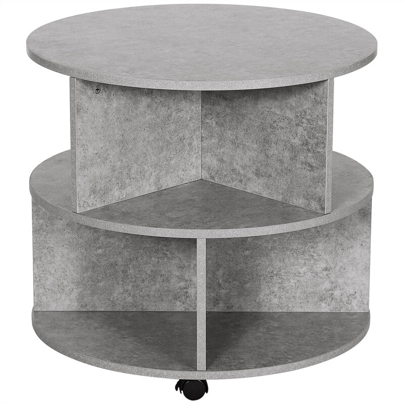 Homcom - 2 Tier Round Side End Table Coffee Shelves Organiser with Wheels - Cement colour