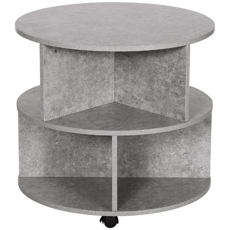 HOMCOM 2 Tier Round Side End Table Coffee Shelves Organiser with Wheels - Cement colour