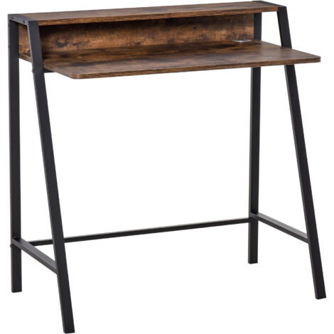 HOMCOM 2-Tier Storage Computer Workstation with Shelf Metal Frame Black Grey Brown