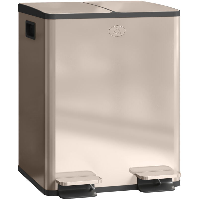 Homcom - 2 x 20L Dual Kitchen Bin Pedal Bin for Recycling and Waste, Gold Tone