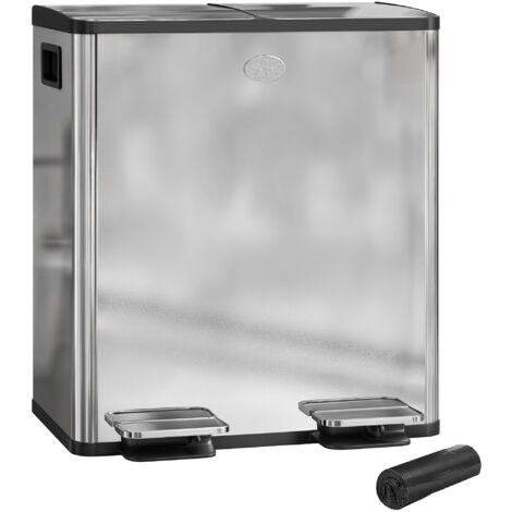 HOMCOM 2 x 20L Dual Kitchen Bin Pedal Bin for Recycling and Waste, Silver Tone