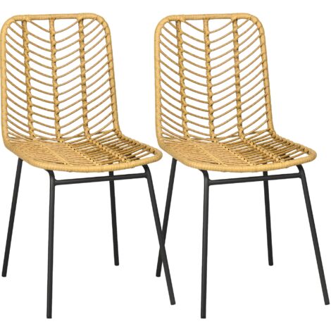 HOMCOM 2er-Set Esszimmerstuhl Küchenstuhl Wohnzimmerstuhl mit Rückenlehne Essstuhl mit Rattenoptik für Esszimmer Wohnzimmer Stahl Gelb 44 x 58 x 85 cm