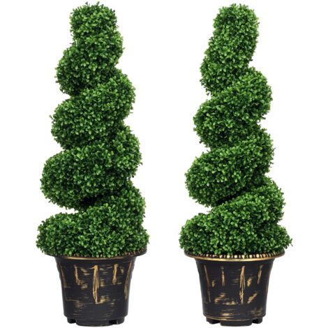 HOMCOM 2er Set Künstliche Buchsbaum 90cm Spirale Kunstpflanze, Plastik Künstliche Pflanzen im Topf, Kunstbaum Fake Plant wie echt für Wohnzimmer Schlafzimmer Büro Garten Moderne Dekoration Geschenk