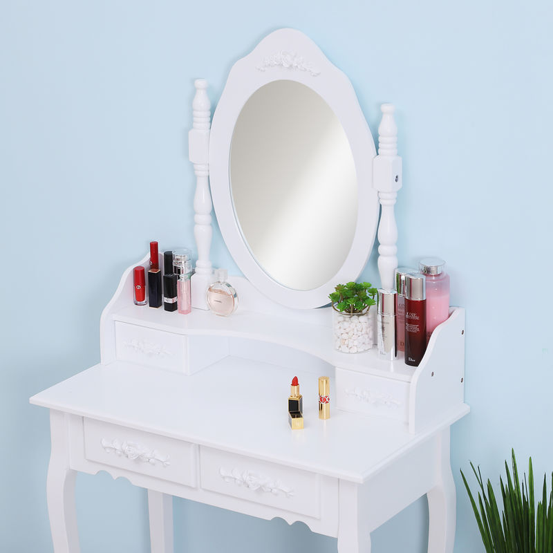 Homcom 2pc Dressing Table Set Desk Vanity Mirror Stool Shabby Chic Makeup Furniture 4 Drawers Jewelry Cosmetic Storage White Uk831 0970331