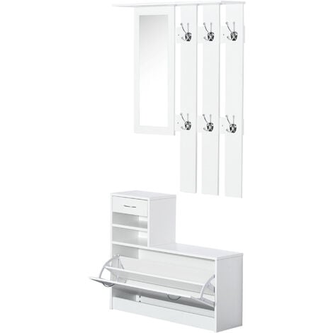 main image of "Homcom 2PC Shoes Storage Chest Cloths Rack Unit w/ Mirror Shoes Cabinet 6 Hooks"