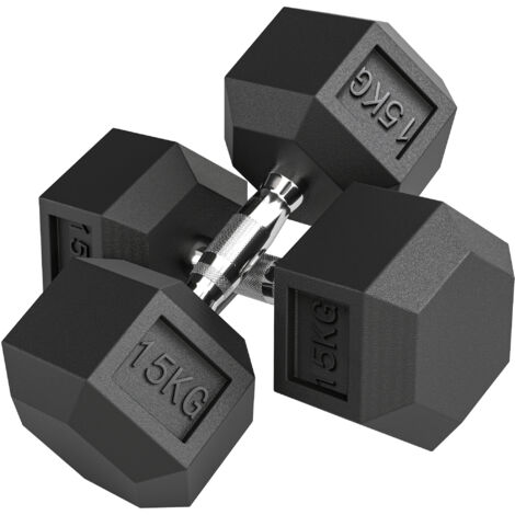 HOMCOM 2x15KG Rubber Hex Dumbbell Portable Hand Weights for Home Gym